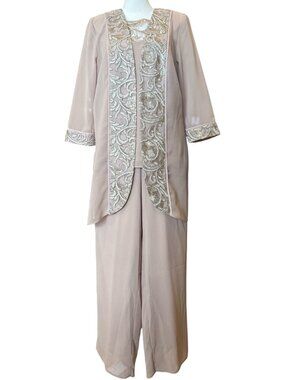 NWT Pristine Embroidered Sequin 3-Pc Pant Suit Size 10 Jacket, Pants & Shell Top